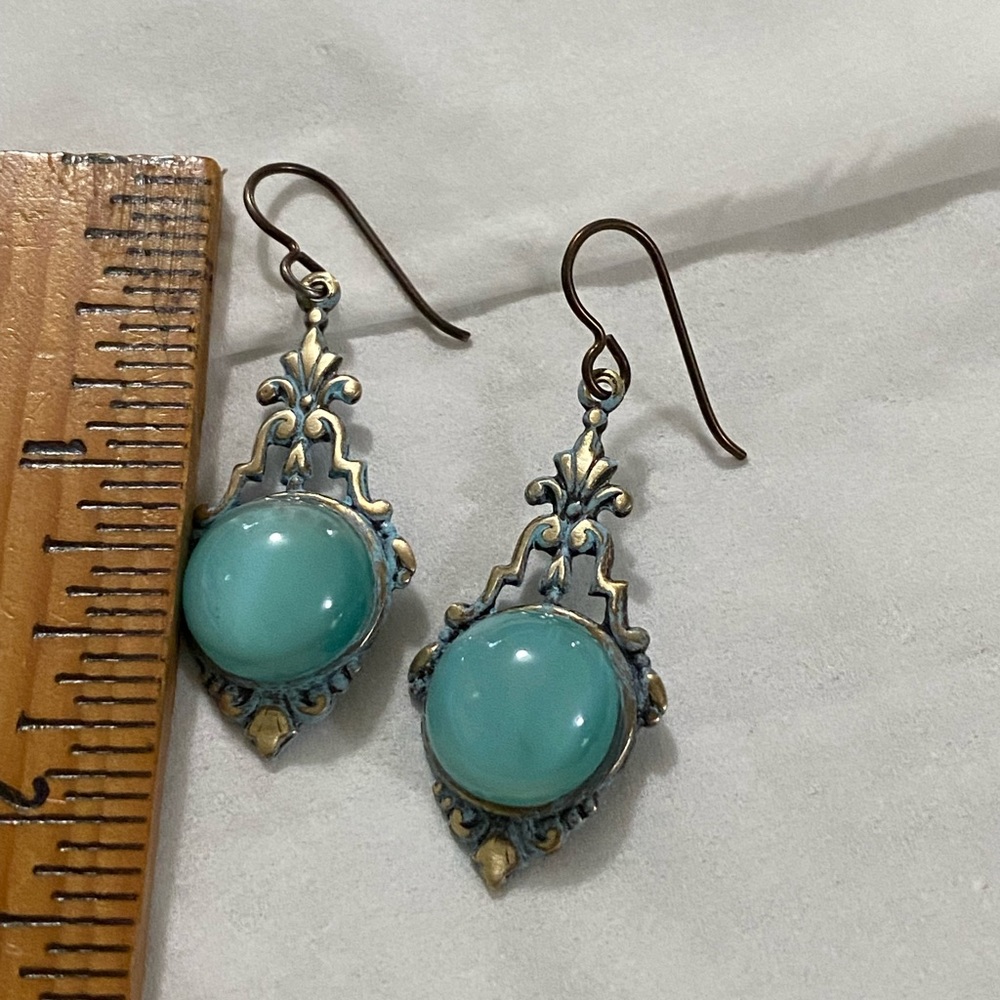 Blue Moonstone Earrings Niobium Ear Wires Vintaj Bridgerton Inspired Jewelry - Picture 5 of 6